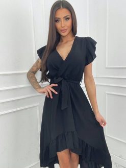 Asimetrična haljina s volanima Dina crna (Kopija)